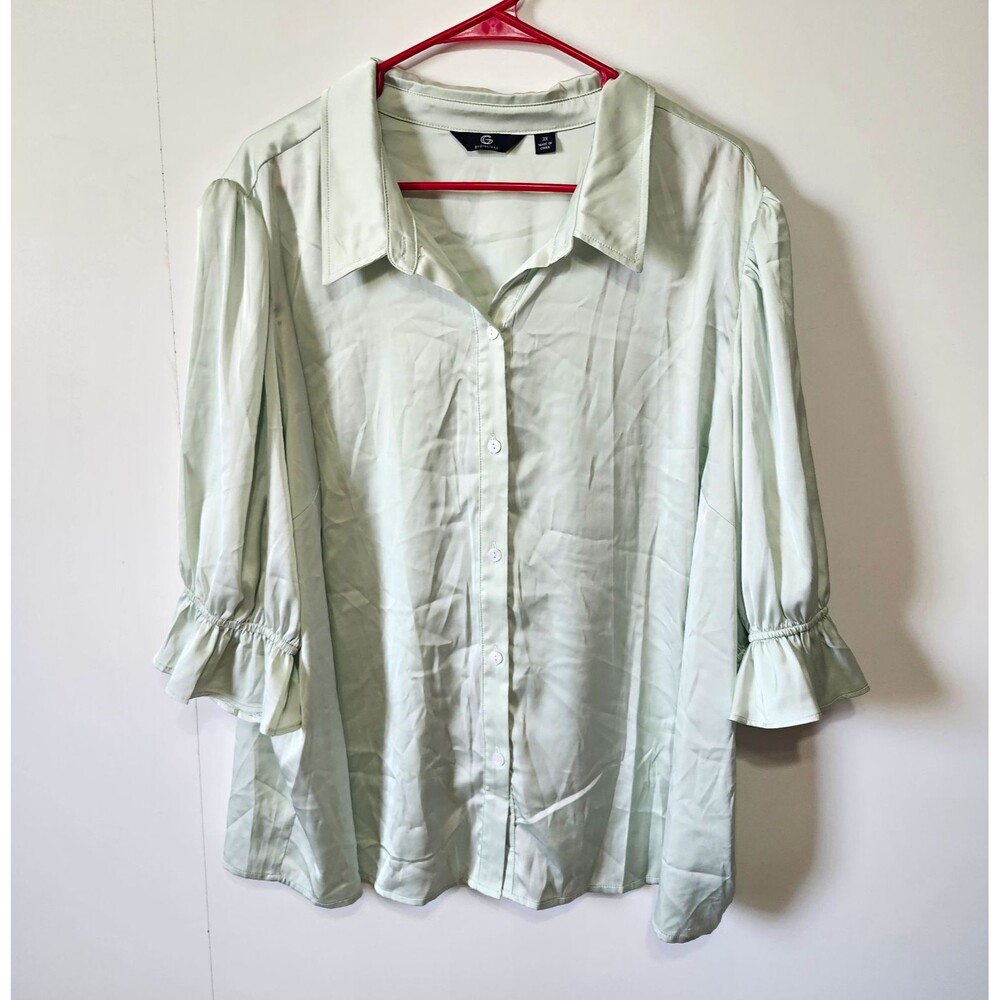 G by Giuliana Stretch Satin Flounce Sleeve Button Up Blouse Mint Green Plus 3X
